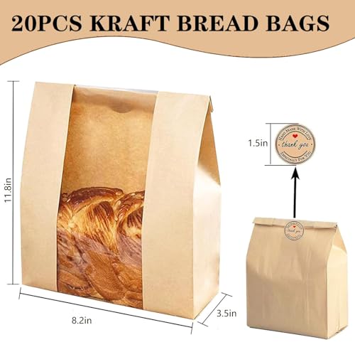 20 Pack Large Sourdough Bread Bags for Homemade Bread Gifting Bakery Bags with Window Loaves Paper Bread Bags for Baked Food Packaging Storage with Seal Stickers (11.8x8.2x3.5inch) — view 2