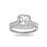 Sterling Silver Cubic Zirconia Princess-cut Halo Bridal Wedding Band Engagement Ring Set, Size 7