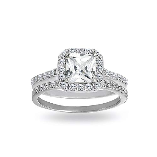 Sterling Silver Cubic Zirconia Princess-cut Halo Bridal Wedding Band Engagement Ring Set, Size 7
