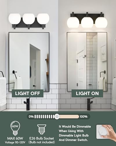 Image of Bathroom Light Fixtures, 3-Light Matte Black Vanity Light, Modern Wall Sconces with Milk White Globe Glass Shade, Vanity Lighting Fixtures Over Mirror, VL195-MB-ML-3