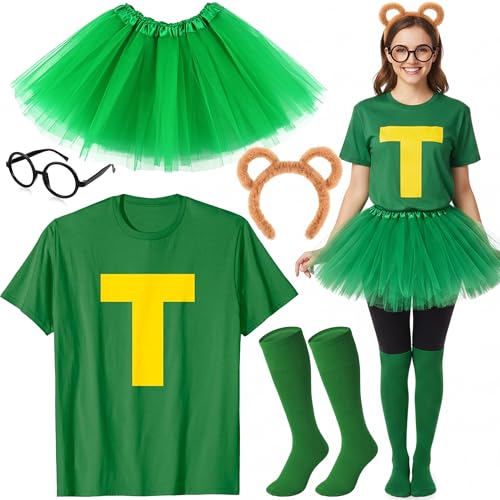 Xietaea Chipmunks Kostüm Set Damen Mädchen - Streifenhörnchen Zubehör mit T-shirt Stirnband Brille Tutu-Rock Socken für Karneval Fasching Halloween Cosplay Party Tiere Mottoparty