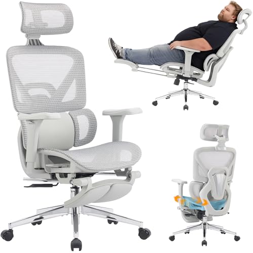 Ergonomic Office Chair with Footrest High Back Mesh Computer Chair with Lumbar Support 5-Level Backrest Height 4D Flip-Up Arms for Home & Gaming Desk (Gray Mesh 3-Zone Lumbar Support+4D Armrest)