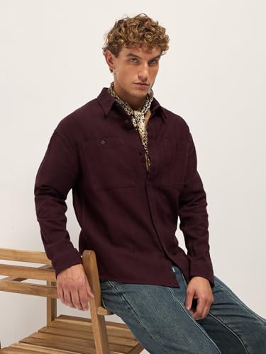 Image of THE BEAR HOUSE Men Pure Cotton Textured Relaxed Fit Overshirt