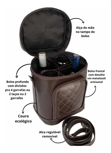 Bolsa Porta Vinho Com Compartimentos Isolados Em Couro com Alças Reforçadas e Removiveis