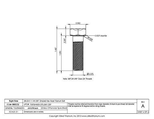 Allied Titanium 0005232, (Pack Of 3) 3/8-24 X 1-1/4 Unf Titanium Hex Head Bolt, Grade 5 (Ti-6Al-4V) #TOP3