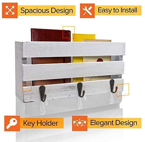 Rustic Key Holder for Wall Decorative ~ Key and Mail Holder for Wall with Key Hooks ~ Key Hangers for Wall ~ Key Hooks for Wall~ Easy Mount Key Rack for Entryway, Bathroom, Living Room, Wall (White)