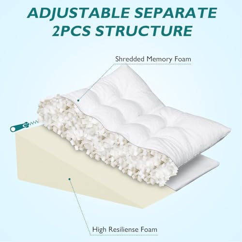 TANYOO Bed Wedge Pillow for Sleep Apnea 10 Inch Gerd Pillow Patent Dual Layer Triangle Pillow Adjustable Shredded Memory Foam Topper Soft Support Ideal for Acid Reflux, After Surgery, Snoring