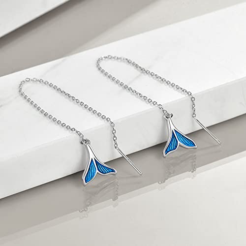 Mermaid Tail Threader Earrings For Women Sterling Silver Through Long Chains Blue Mermaid Dangle Drop Earrings Jewelry Gifts For Women Teens #TOP1