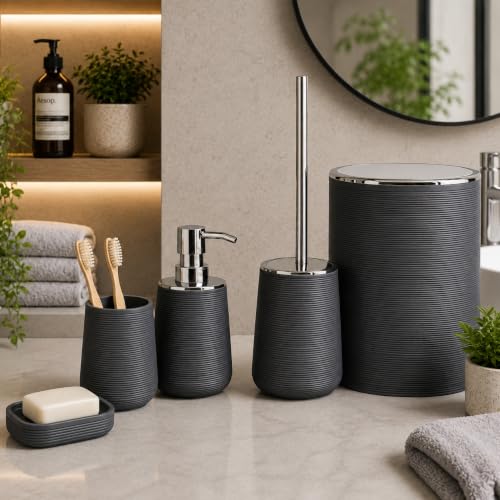 Akrilik Banyo Seti 5 Parça, Çöp Kovası, Tuvalet Fırçası, Sıvı Sabunluk, Diş Fırçalık ve Bardak, Modern Tasarım, Dekoratif Banyo Aksesuar Seti, Gri Oluklu