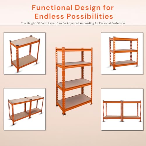 Image of BonKaso Adjustable Set of 4-Shelf Metal Storage Shelving Unit, Steel Bootless Rivet Utility Display Rack Garage Shelves, 43 Inches Height(43 X 24 X 12 Inc) Orange