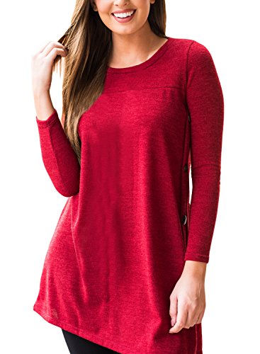 FARYSAYS Women's Long Sleeve Casual Round Neck Loose Tunic Top Blouse T-Shirt with Buttons Red X-Large FARYSAYS Women's Long Sleeve Casual Round Neck Loose Tunic Top Blouse T-Shirt with Buttons Red X-Large
