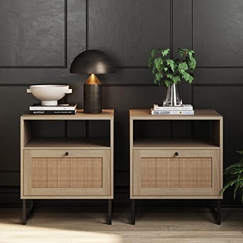 Nathan JamesMina Side, End or Accent Table in a Natural Oak Wood Finish & Matte Black Accents with Storage for Living Room or Nightstand for Bedroom, Oak/Black, Set of 2