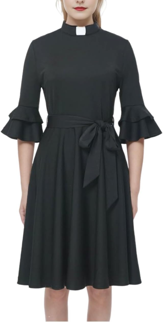 Church Priest Clergy Dress for Women Tab Collar Double Layer Flared Sleeve Dresses