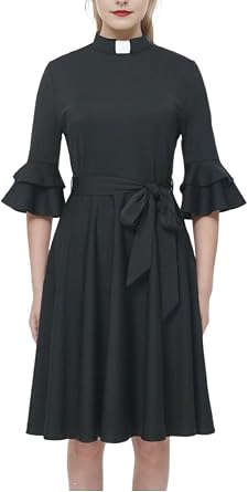 Church Priest Clergy Dress for Women Tab Collar Double Layer Flared Sleeve Dresses