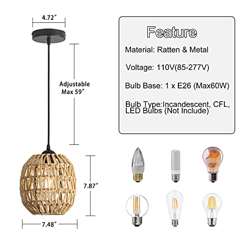 Gudicati Hand Woven Bamboo Pendant Light Boho Mini Farmhouse Rattan Pendant Lighting Fixture Modern Retro Wicker Pendant Lamp For Kitchen Island, Bedroom, Dining Room, Hallway, Entryway, Living Room #TOP3