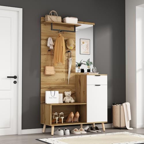 Mueble Entrada Recibidor 190 cm altura Armario de Entrada Moderno, Recibidor Perchero de Entrada de Madera con Espejo, Banco para Zapatos, Zapatero, Cajón, Estante y Ganchos, Bisagras Hidráulicas