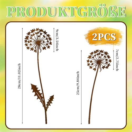 Scinzene 2er Set Gartenstecker Rost Pusteblume 28cm - Gartendeko Für Draußen Wetterfest Metall - Blumenstecker Edelrost Löwenzahn - Balkon Deko Wetterfest, Gartendeko Rost