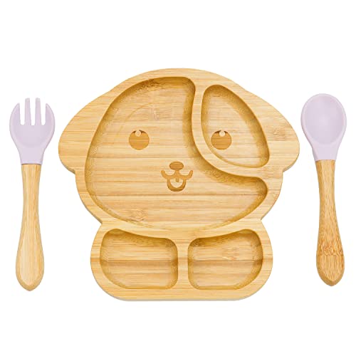 Plato con Ventosa para Bebés,Feelhap Plato de Alimentación con Tenedor y Cuchara para Bebés,Plato BLW con Compartimentos,Natural Juego de Cubiertos para Bebés y Niños (Cachorro_Rosa)