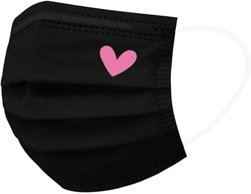 Miniatura 3 de 50 máscaras faciales desechables negras, con diseño impreso de corazón rosa lindo para mujeres adultas, de 3 capas (#05)