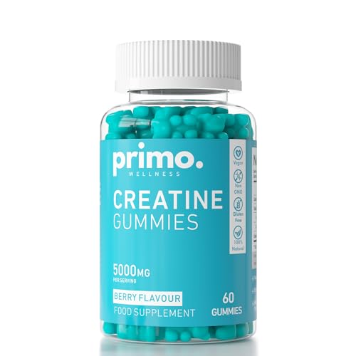 Primo Wellness Creatine Gummies 5000mg – 60 Count Berry Flavoured Energy Gummies Pump Pre Workout Creatine Powder Vitamin Gummies – Vegan Gluten Free Muscle Growth Supplements