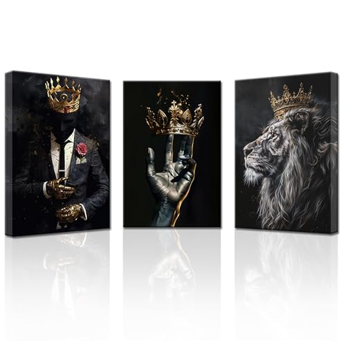 PBXBJY African American Wall Art 3 Pieces Black Man Wearing Gold Crown Canvas Prints African Lion King Portrait Poster Wall Decor for Men Bedroom Framed (African, (12.00" x 16.00" x 3PCS))