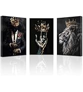 PBXBJY African American Wall Art 3 Pieces Black Man Wearing Gold Crown Canvas Prints African Lion...