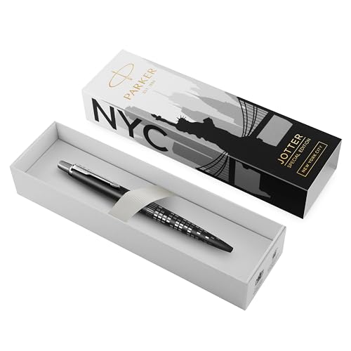 PARKER Jotter Bolígrafo | Edición Especial | NYC Negro con detalles cromados | Tinta Azul | Estuche de Regalo