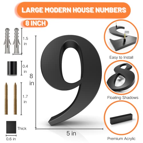 Modern House Numbers - Floating Numbers For House Address Outside, Door Decor, Apartments - With Install Wall Nails Kits, Black, Large 8 Inch House Number (9) #TOP1