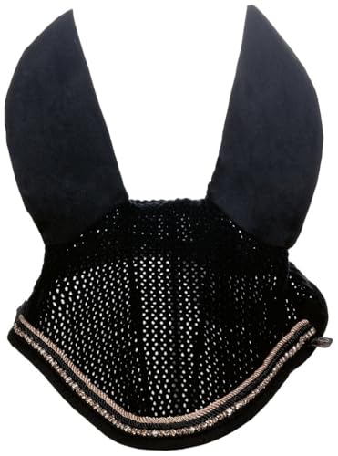 Bonnet anti-mouches HKM noir or rose pour éviter que le cheval ne secoue la tête au travail