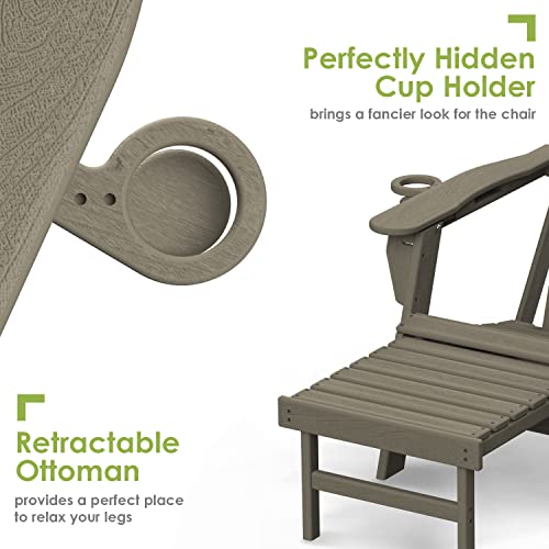 Greenvines Folding Adirondack Chair With Adjustable Back & Ottoman, Wood Grain Hdpe All-Weather Poolside Chairs W/Cup Holders & Footrest For Fire Pit Campfire Deck Patio Outdoor Lawn, Desert Brown #TOP4
