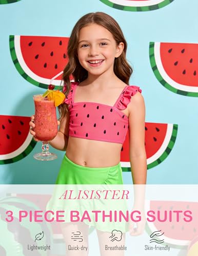 Image of ALISISTER Girls Swimsuit 3 Piece Bathing Suits Summer Bikini Tankini Sets with Cover Up Skirt for 4-12 Years