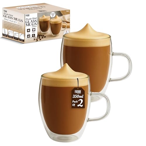 Fusion Food Double Walled Glass Coffee Mugs Set of 2-350ml Coffee Glass Cups for Hot & Cold Drinks - 12.7 x 11.5 cm Latte Mugs Scratch Resistant, Easy to Clean, Stylish Clear Coffee Glasses