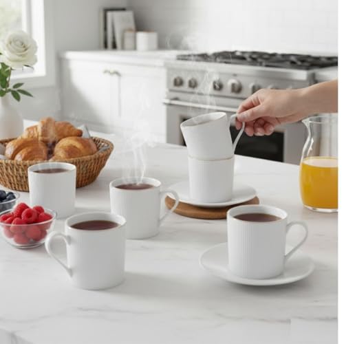 Image of Clay Craft Premium Fine Ceramic Coffee & Tea Mug Set with Elegant Gold Line Rim| Modern Ribbed White Finish| Durable Build| Stylish Design for Home| Office & Gifting (240 Ml)