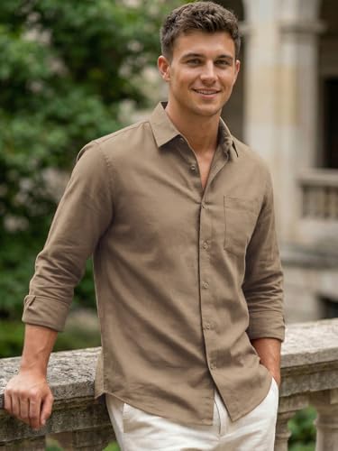Image of Bewakoof Mens Solid Regular Fit Full Sleeve Collar Cotton Linen Blend Shirt