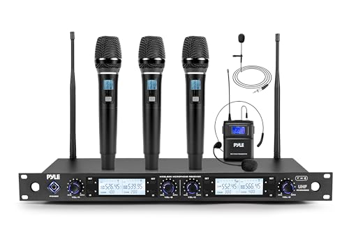 Pyle 4 Channel UHF Wireless Microphone System with 3 Handheld Mics, Lavalier & Headset Mic, 300 Ft Range, Selectable Frequencies & Rack Mount Receiver for Conferences, Hosting, Church & PA Systems by Pyle - Used condition - US$146.10