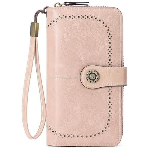 RNIEGA Womens Wallet Leather Billfold RFID Blocking Credit Card Holder Wristlet Wallets for Women Ladies Purses with Zipper Coin Pocket