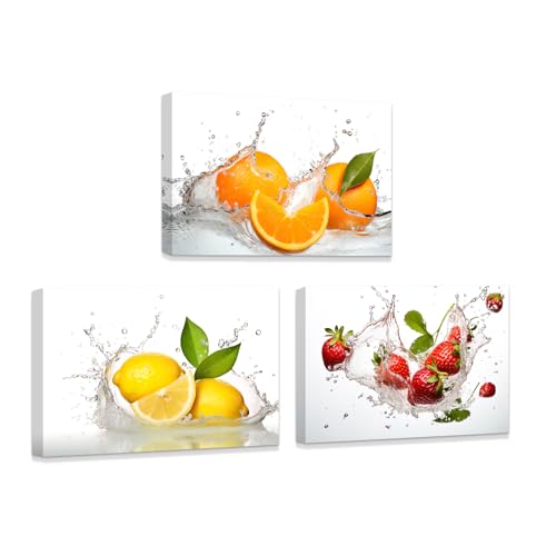 ZXHYWYM 3 Piece Kitchen Wall Art Fruit in Water Canvas Fresh Orange Lemon Strawberry Pictures Print Colorful Food Artwork for Canteen Restaurant Framed (B, (28x35cmx3))