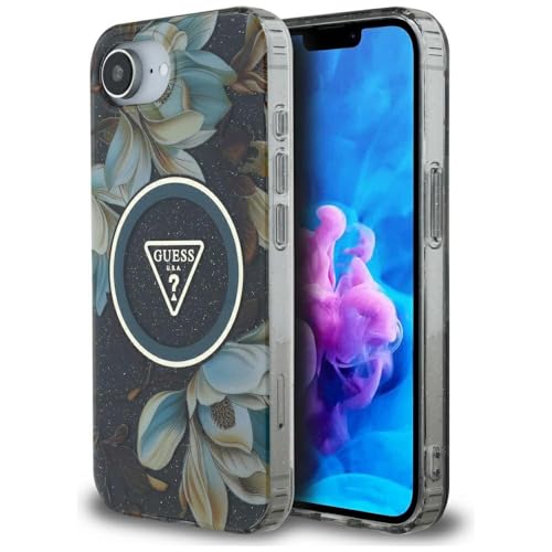 CG Mobile Guess IML Metal Glitter Flowers Triangle Compatible avec MagSafe Coque pour iPhone 16e (Noir)