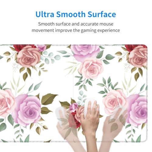 Image of Large Gaming Mouse Pad, Waterproof Extended Floral Mousepad Desktop, Big Long Non-Slip Pink Flower Mouse Mat for Laptop, Keyboard, Computer for Decor Office, 31.5 * 11.8 in