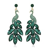 Vintage Peacock Dangle Earrings for Women Girls Gold-Toned Green Crystal Feather Peafowl Statement Drop Dangling Stud Earring Boho Exaggerated Birthday Holiday Jewelry Gifts (Green)