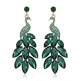 Vintage Peacock Dangle Earrings for Women Girls 14K Gold Plated Green Crystal Feather Peafowl Statement Drop Dangling Stud Earring Boho Exaggerated Birthday Holiday Jewelry Gifts (Green)