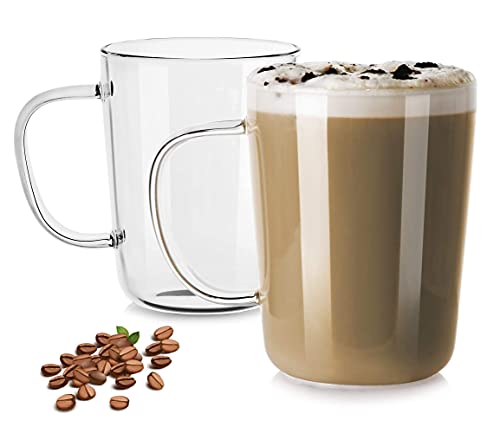 LUXU Glass Coffee Mugs(Set of 2)-17 oz,Clear Beer Mugs,Glass Tea Cups with Comfortable Handle,Lead-free Drinking Glasses,Perfect for Latte,Espresso,Juice,Water,Milk or Hot and Cold Beverage