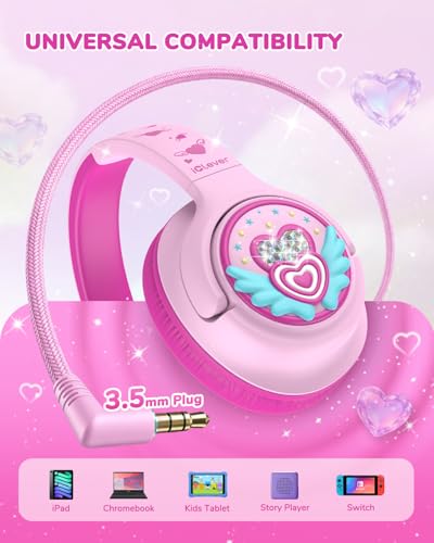 Image of iClever C371 Kids Headphones with Cord for School Boys Girls Travel Gift | SafeSound Tech3.0, Stereo Sound, 3.5mm Jack, Foldable, Durable Headband, Safe Wired Headphones for Kids, Macaron Pink