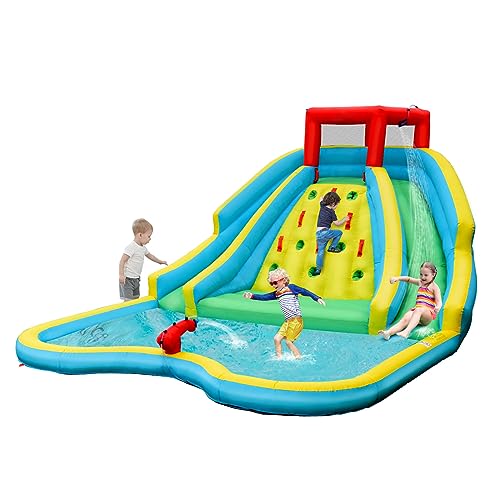 RELAX4LIFE 5 in 1 Castello Gonfiabile 452 x 362 x 228 cm con Trampolino Superiore, 2 Scivoli e 2 Spruzzi, Parete di Arrampicata, Grande Piscina, Cannone ad Acqua (senza compressore)