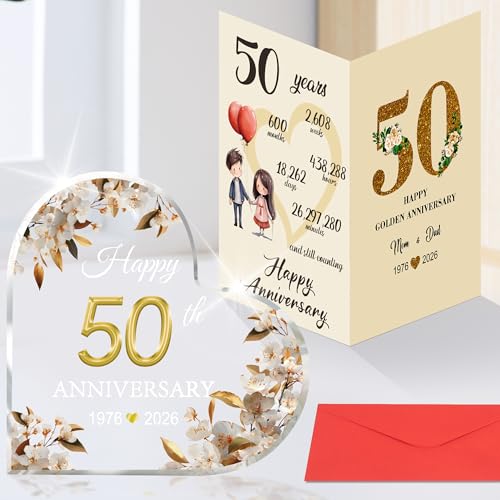 ITHKIRHO 50th Wedding Anniversary Decorations Set - Acrylic Heart Cake Topper, Card, Envelope - Golden Diamond Anniversary Ornament Gifts for Couple - 50 Years of Married Presents