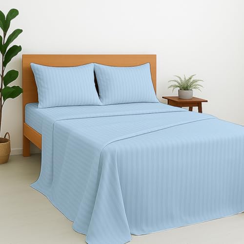 Cottington Lane Queen Size Sheet Set, 100% Egyptian Cotton Premium Hotel Quality 4 Piece Sheets Sets, High Thread Count Baby Blue Stripe with 6-10" Deep Pocket