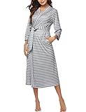 MAXMODA Women Soft Robe Striped Long Bathrobe Night Robe with Pockets(Gray&White Stripe,S)