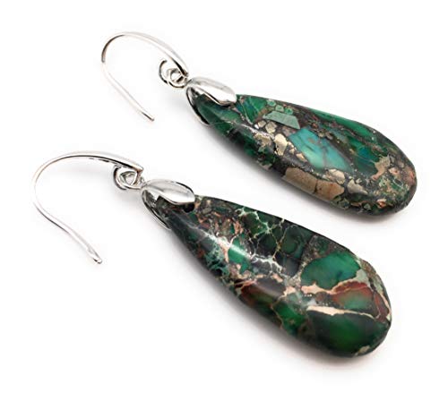 Xinpeng Teardrop Sea Sediment Imperial Jasper Natural Stone Gemstone Necklace Pendant & Drop Dangle Hook Earrings Jewelry Set For Women Girls (Green Sea Sediment Imperial Jasper) #TOP5