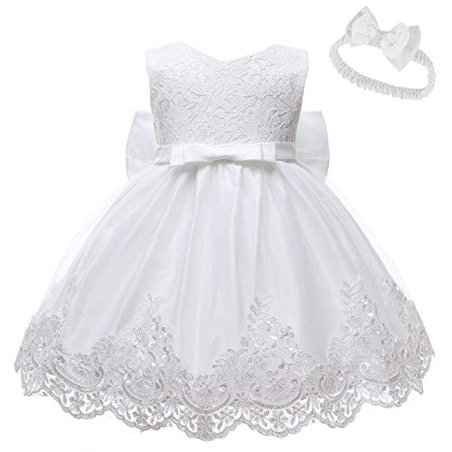 Baby Girls Lace Bowknot Flower Dresses Princess Wedding Birthday Pageant Baptism Christening Tutu Gown w/Headwear2