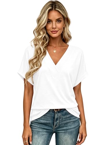 Image of T Shirts Short Sleeve V Neck Tees Womens Tops Beach Vacation Fashion Clothes 2026 Casual Summer Spring Fall Outfits
